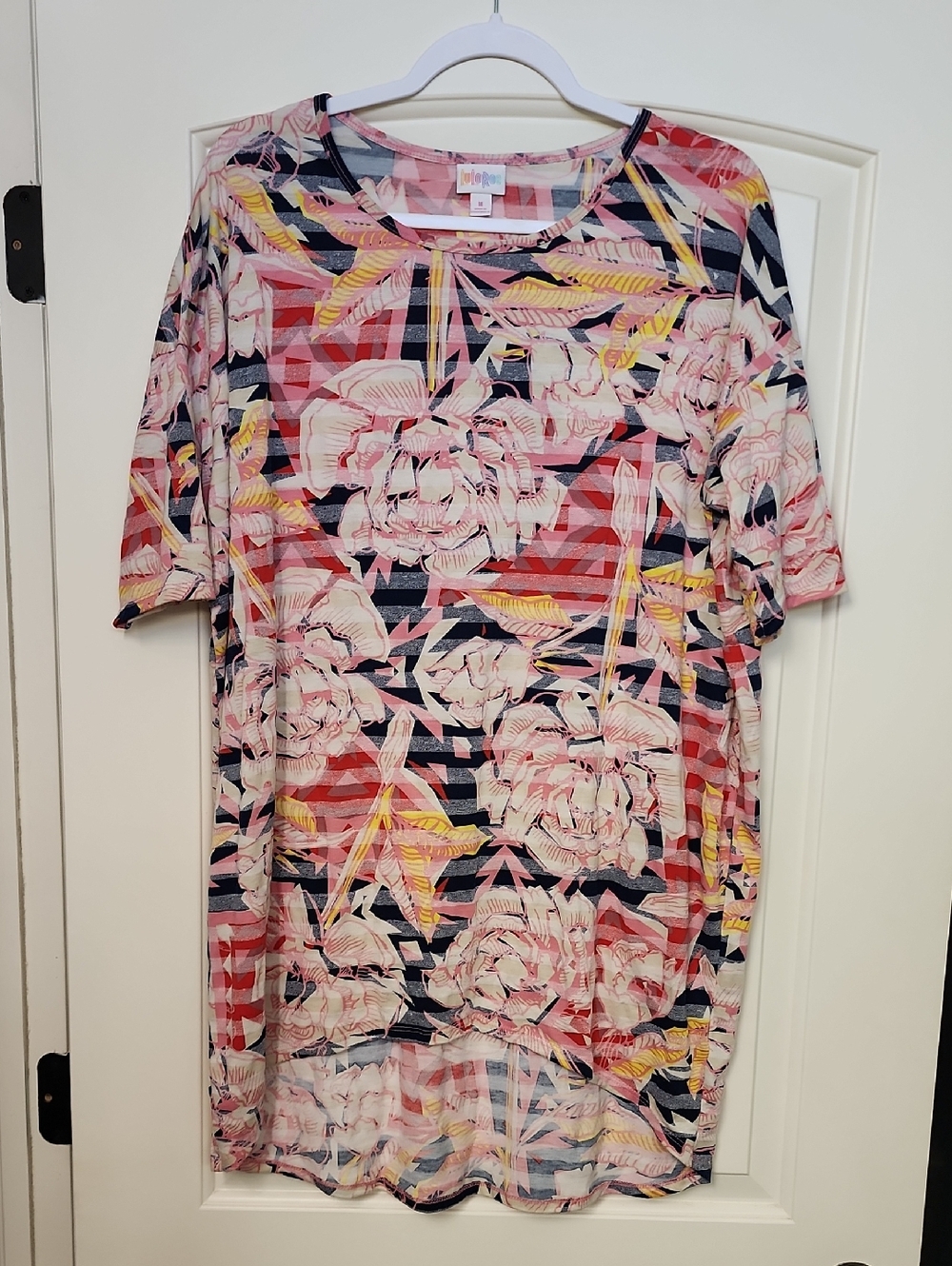 LuLaRoe Floral Stripe Womens Tunic - Pink, Navy & Yellow
